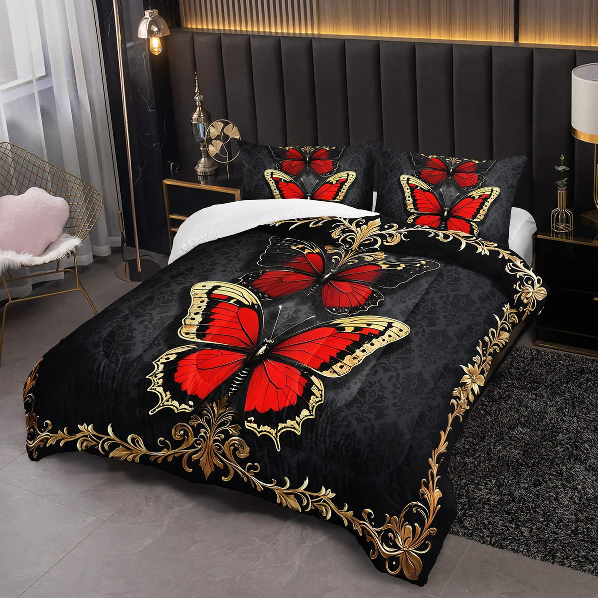 lneffble Red and Gold Butterfly Comforter Sets Full Size Bed Set，Gothic Full Size Bedding Set，with 1 Comforter with 2 Pillow Case，Butterfly Themed Bedroom Decor