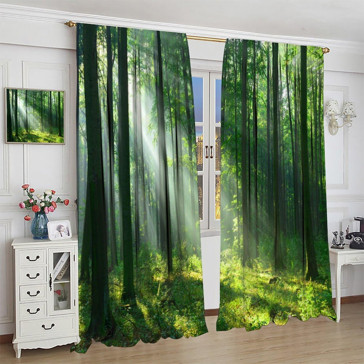 Green Misty Forest Curtains Nature Sunshine Sunlight Through Trees Leaves Natural Forest Woodland Landscape for Bedroom Living Room Rod Pocket Decoration Window Drapes 2 Panels W21xL63i W21xL45in
