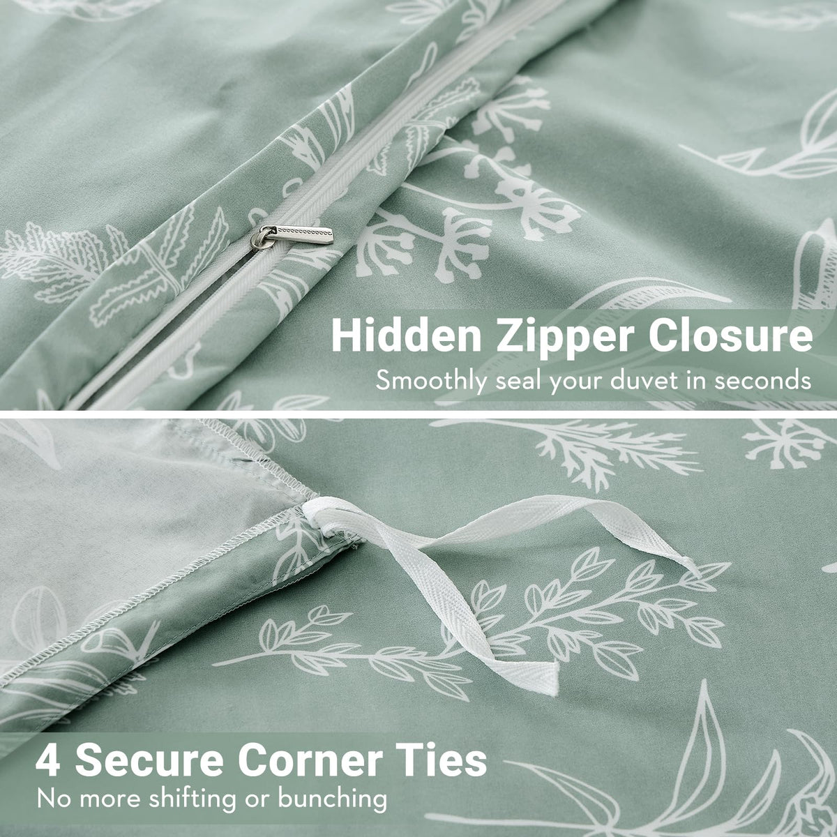 MUXHOMO Duvet Cover King Size, Reversible Floral Green Duvet Cover Set with Zipper Closure, 3 Pieces Botanical Patterns Soft Microfiber Bedding Set (90"x104", 2 Pillow Cases 20"×36")