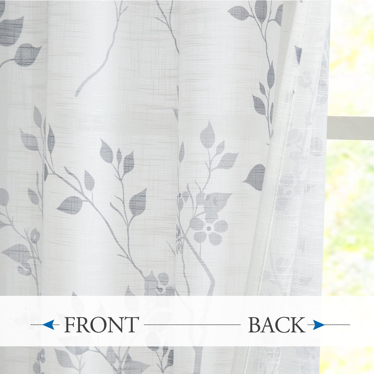 Beauoop Floral Linen Semi Sheer Curtains 54 Inches Long 2 Panels for Living Room Bedroom Grey Farmhouse Flower Patterned Light Filtering Textured Rod Pocket Window Treatments Drapes, 50x54 2 Set