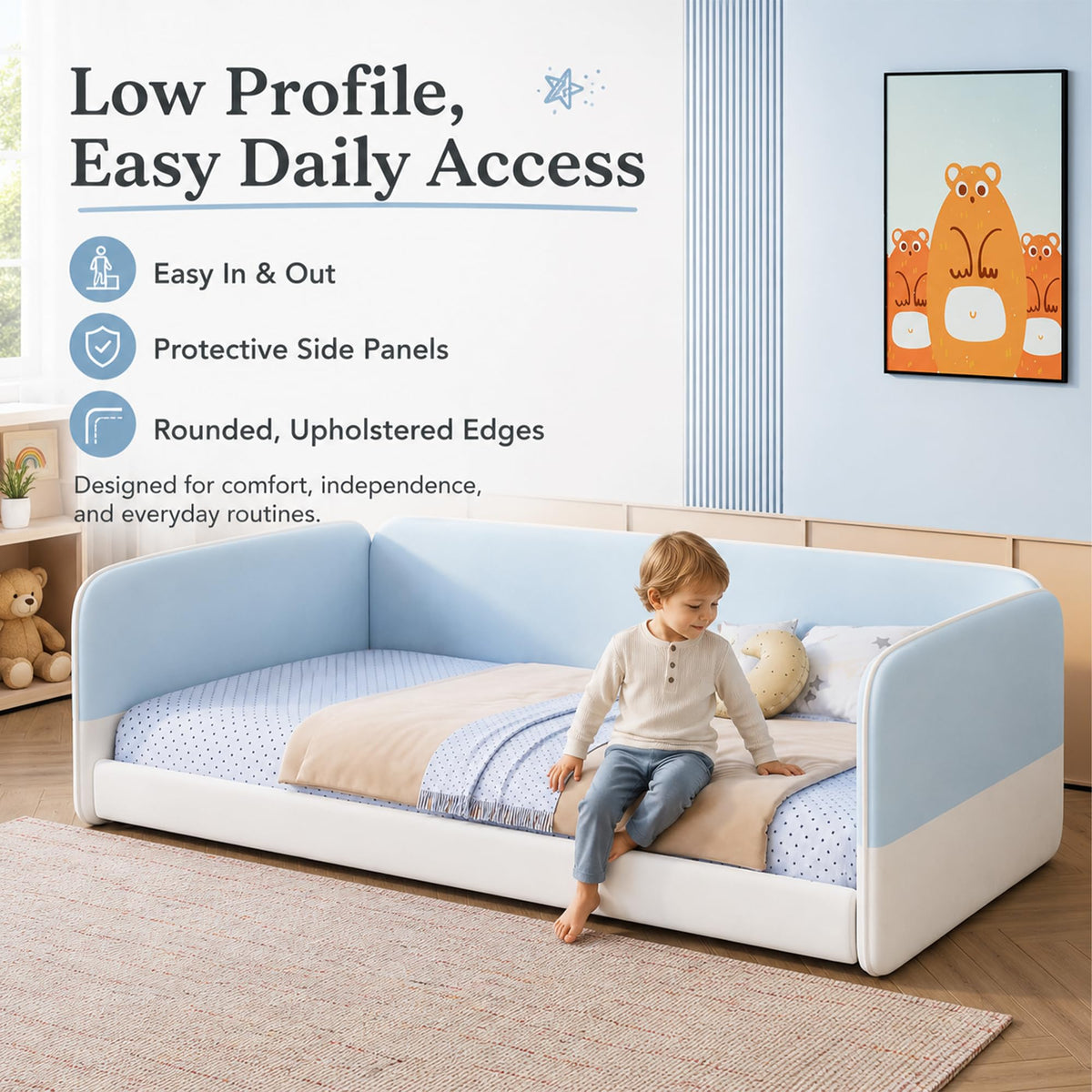 Twin Size Montessori Floor Bed with Upholstered Headboard and Armrests, Velvet Twin Floor Bed Frame with Protective Side Panels, Low Profile Platform Daybed for Kids, No Box Spring Needed, Blue