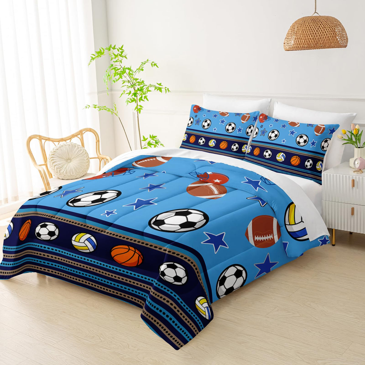 QOOMO Sports 7 Pieces Comforter Set Twin Size,Sports Bedding Set for Kids Teens Girls-Include 1 Comforter,1 Fitted Sheet,1 Flat Sheet,2 Printing Pillowcases and 2 Purple Pillowcases