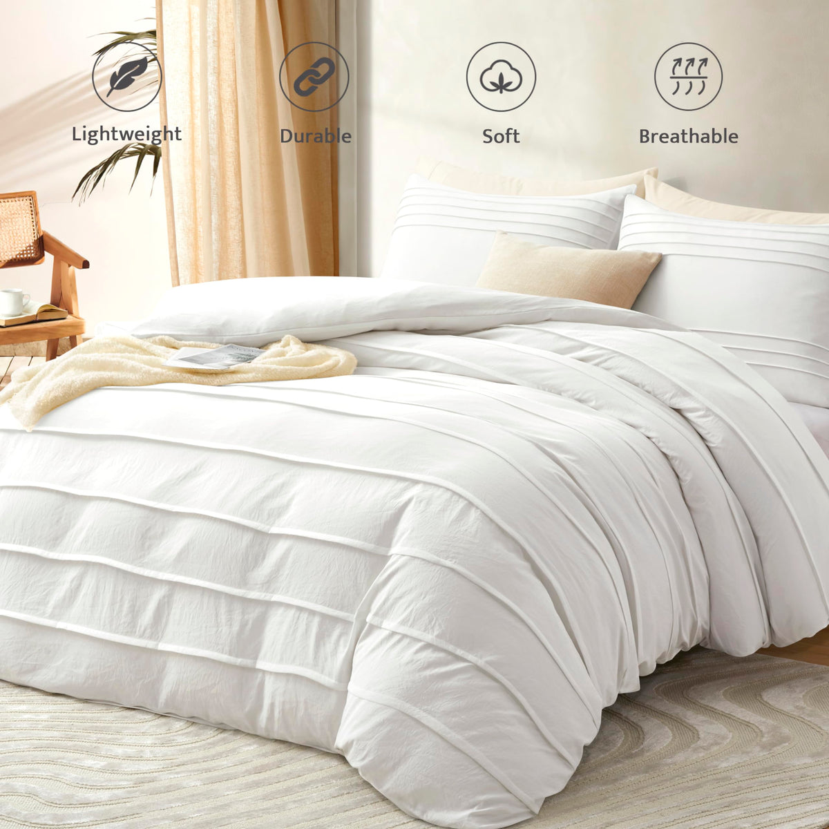 Oli Anderson White Duvet Cover King Size - Pleated King Duvet Cover, 3PCS Soft and Breathable Textured Bedding Set with Zipper Closure(White,104"x90")
