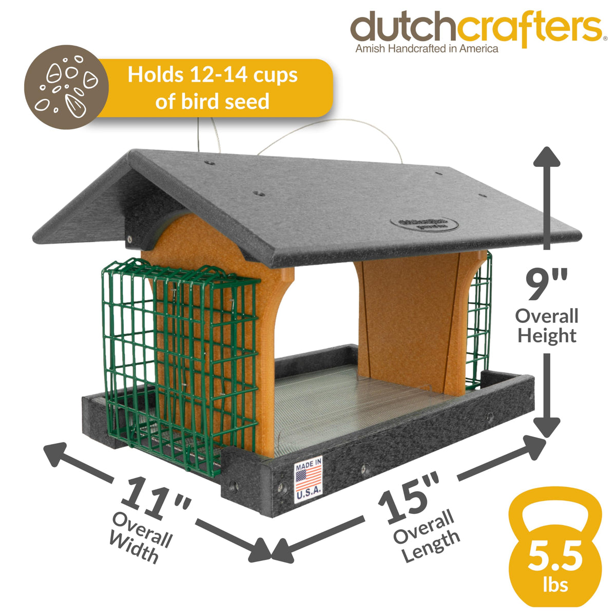 DutchCrafters Poly Hanging Large Hopper Bird Feeder with Two Suet Cake Holder Cages, Durable Long Lasting Outdoor Bird Feeder - Amish American Made in USA (Black & Cedar)
