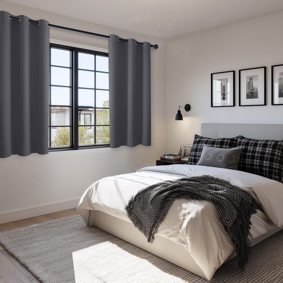Hiasan Short Blackout Curtains for Bedroom - Thermal Insulated & Light Blocking Window Curtains for Living Room, 2 Drape Panels Sewn with Tiebacks, Dark Grey, 42 x 45 Inch