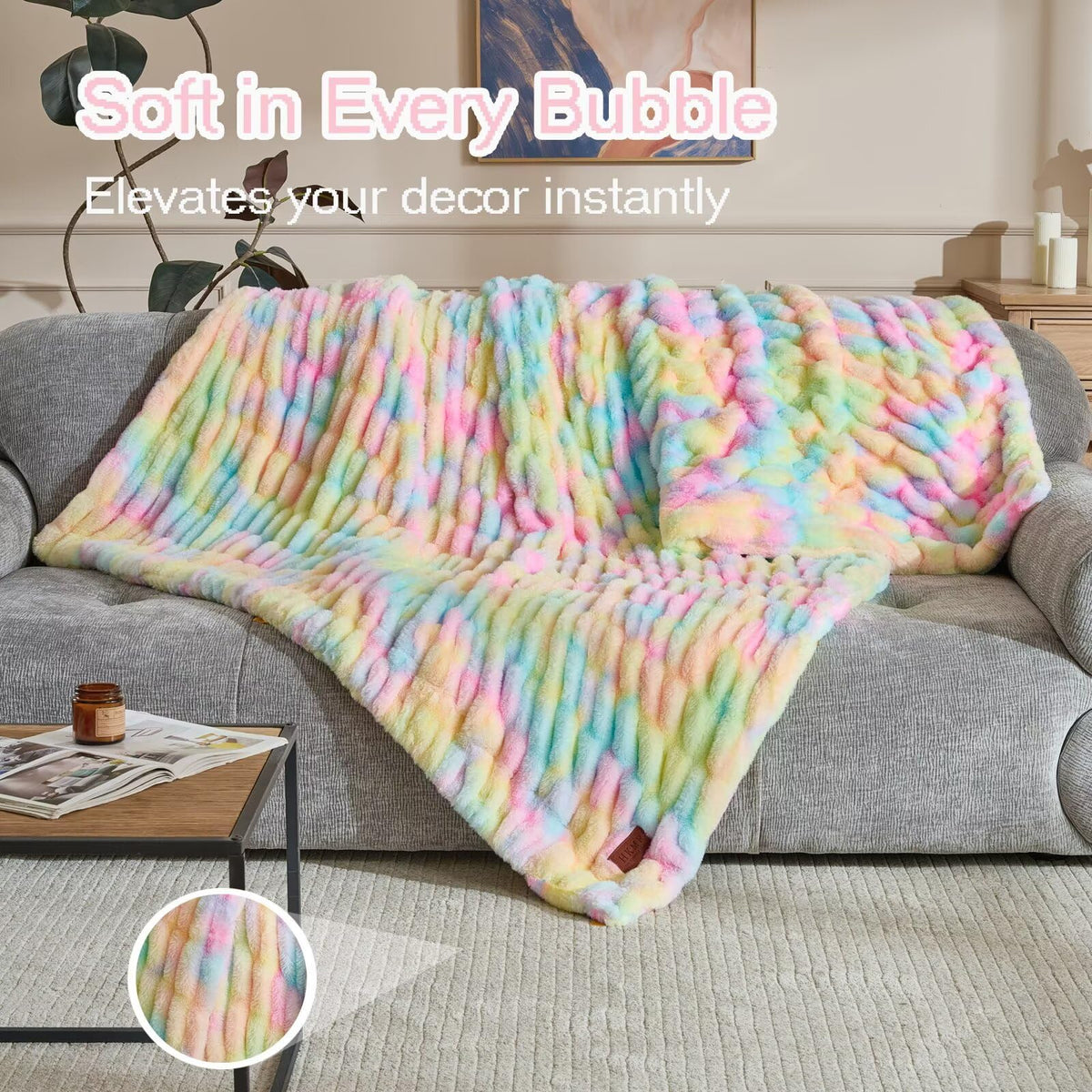 Double Side Faux Fur Throw Blanket,Cozy Soft Fuzzy Fluffy Faux Rabbit Fur Blanket for Couch, Bed, Sofa,Room Decor-Rainbow,50x60 inch