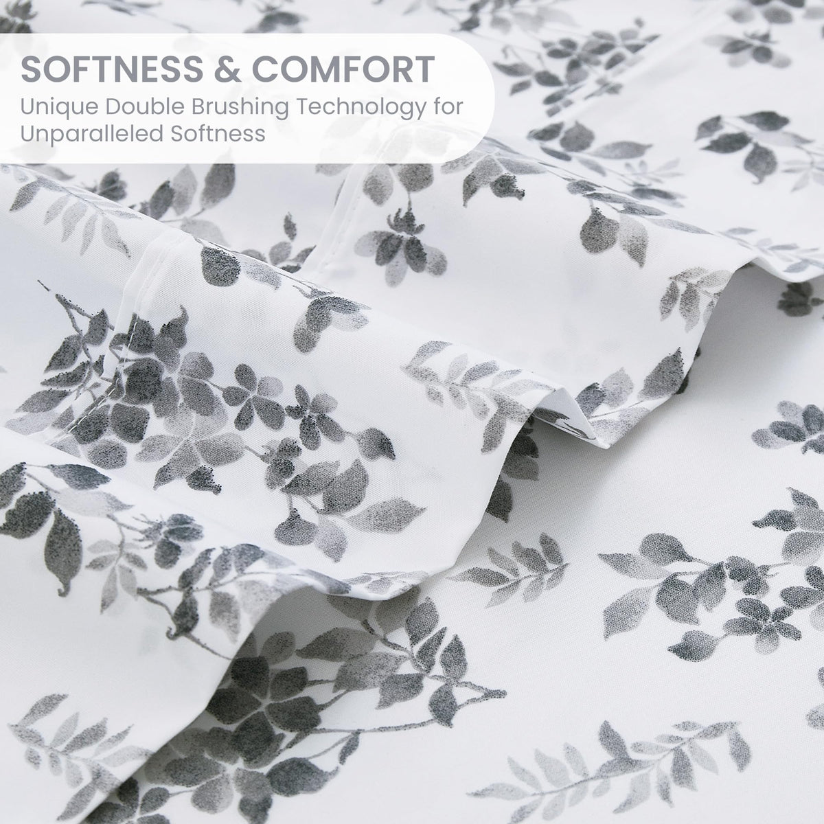 Mooreeke Cozy Vintage Microfiber Printed Full Sheet Set - Soft Breathable Percale Cotton Floral Bed Sheets with Deep Pocket - Non-Slip Fitted Design - Gradient Grey Small Flowers Pattern