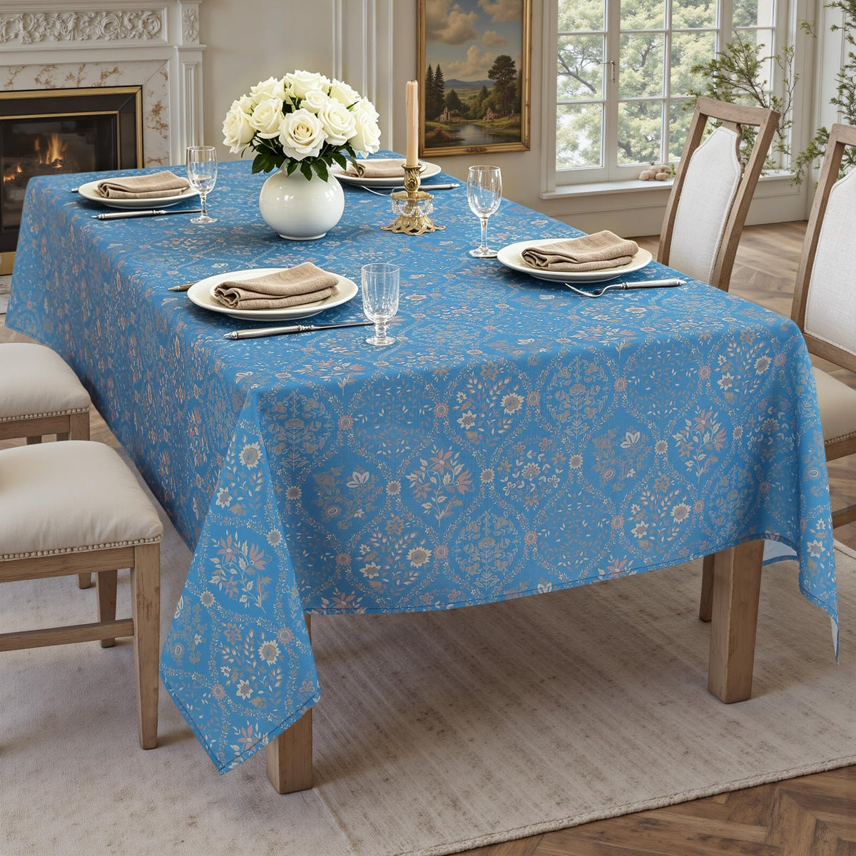 Honellaty Blue French Vintage Floral Rectangle Tablecloth, 60 x 84 Inch