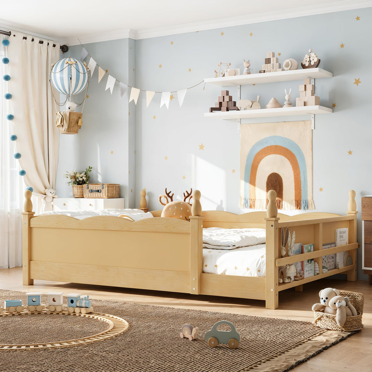 KEIKI Full Size Wood Montessori Floor Bed Frame with Beside Book Shelf, for Girls and Boys, Floor Bed with Full-Length Guardrails & Slats, Easy Assembly, No Box Spring Required, for Bedroom, Natural