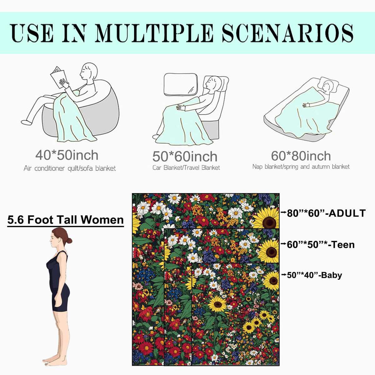 coedoaes Wildflower and Sunflower Fleece Blanket - 50x60in Lush Garden Floral Flower Nature Throw Blankets,Soft Cozy Lightweight, Ideal for Living Room Home Decor and Kids Women Girls Spring Gifts
