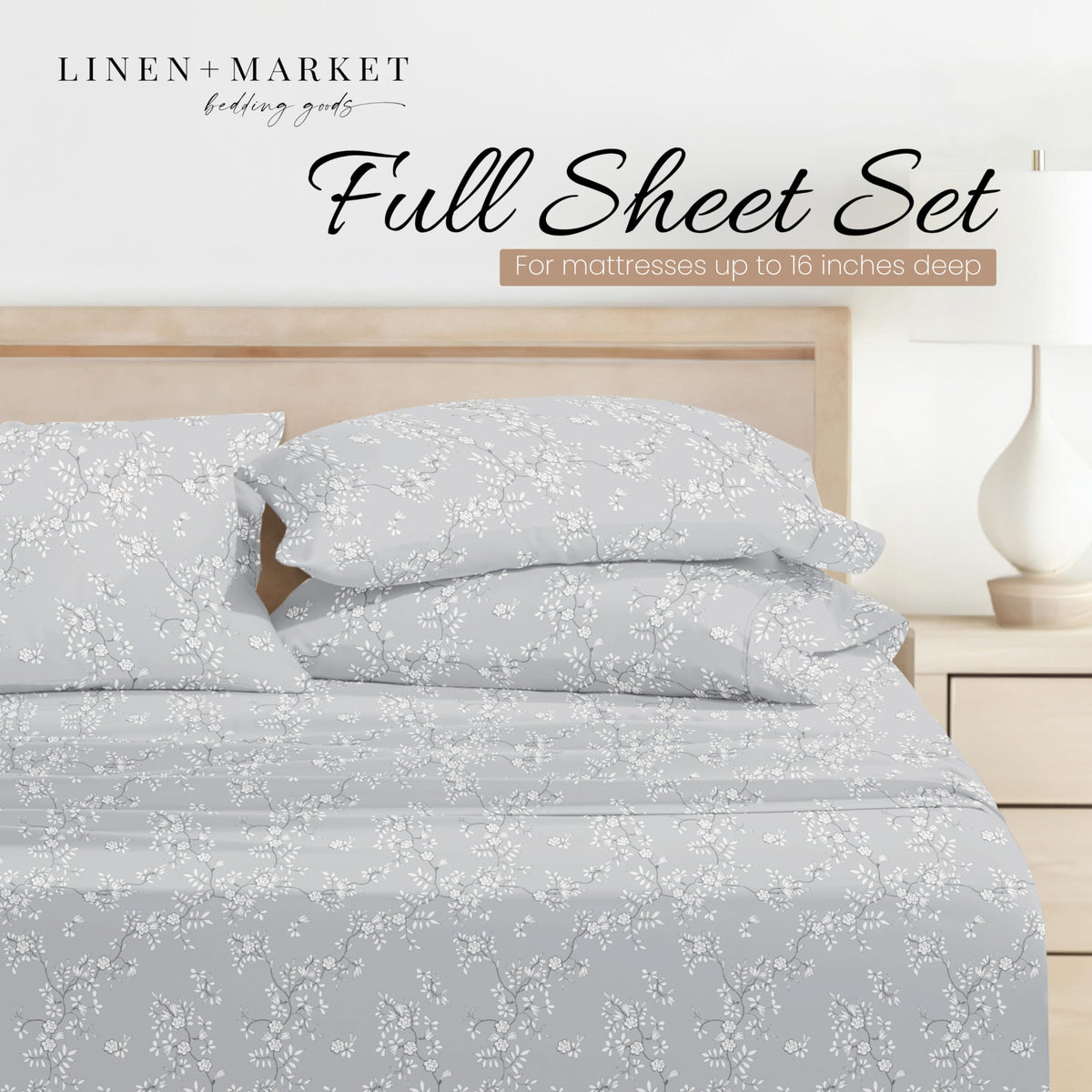 Linen Market Double-Brushed Patterned Microfiber Full Sheet Set 4 Piece – Oeko-TEX Certified Ultra Soft & Wrinkle-Free - 16" Deep Pocket Sheets - Easy Care Full Size - Trellis Vine Light Gray
