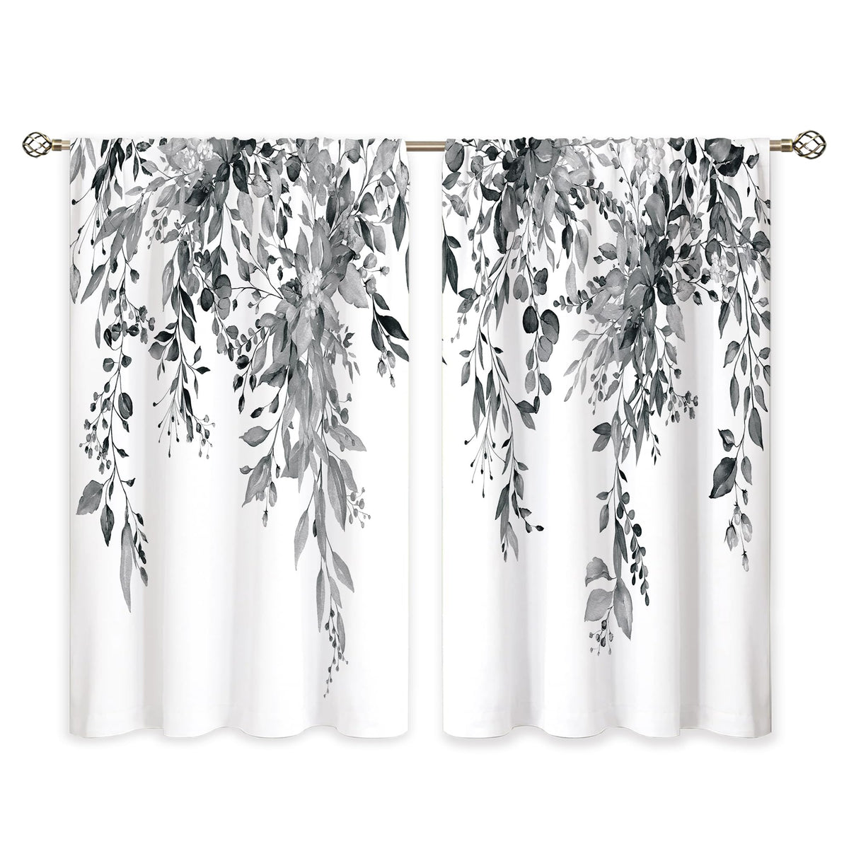 oolygoo Eucalyptus Botanical Leaves Grey Floral Kitchen Window Curtains Over Sink Farmhouse Flower Leaf Small Window Treatment Cafe Short Curtains for Bathroom Treatment Tier Drapes 27.5x39 inch