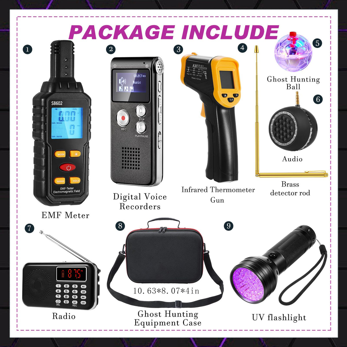 Dunzy 11 Pcs Ghost Hunting Equipment Kit Include Ghost Radio, Electromagnetic Paranormal Radiation Detector, EVP Recorder, UV Flashlight 2 LED Light up Cat Balls Etc(3 in 1 Emf Meter)