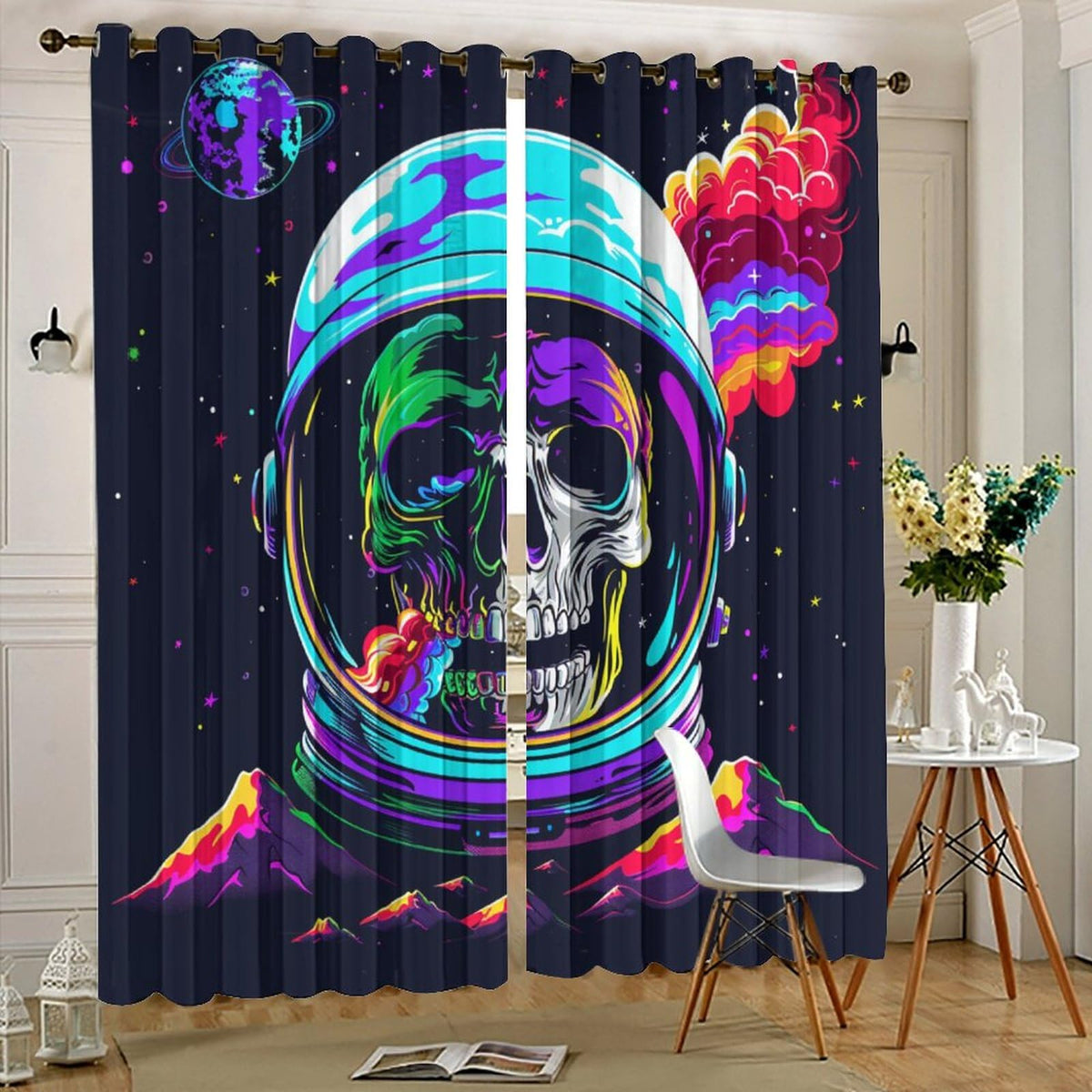 HDESDIS Abstract Gothic Skeleton Curtains for Bedroom, Skull Space Star Astronaut Grommet Blackout Curtains Thermal Insulated Window Drapes for Living Room, 21W x 45L, 2 Panels