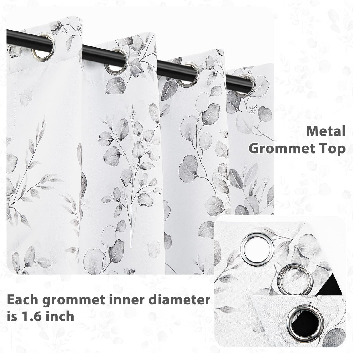 GICDSU Gray Botanical Leaf 90% Blackout Curtains 63 Inches Long Watercolor Floral Print Room Darkening Curtains with Grommet Country Soundproof Insulated Window Drapes for Bedroom Living Dining Room
