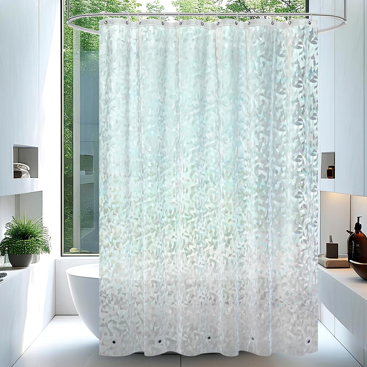 AooHome Long Shower Curtain Liner - EVA 3D Decals Stained Glass Pattern Design Bathroom Shower Curtain with Hooks, 5 Bottom Magnets, Heavy Duty, Water Repellent, Semi Transparent, 72x78 Inch