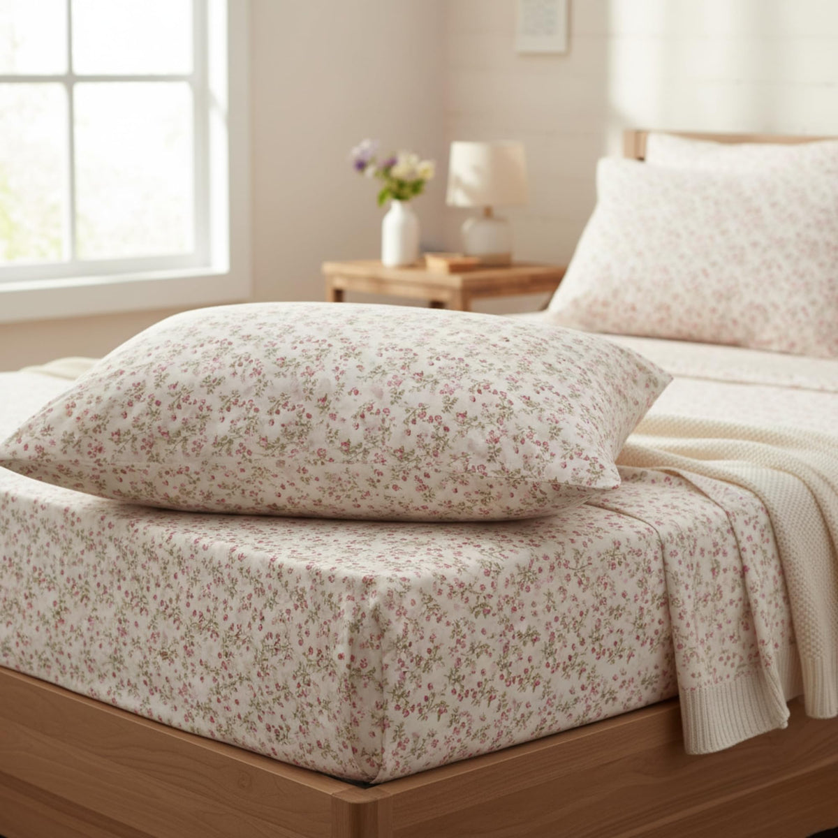 DaDa Bedding Romantic Coquette Sheet Set - 100% Cotton Floral Fitted & Flat Sheets with Pillowcases - Deep Pocket Design - Soft, Breathable, Wrinkle-Resistant (Queen (U.S. Standard))