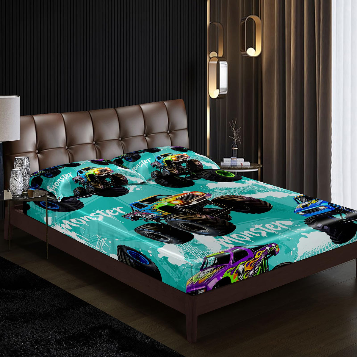 AILONEN Teal Graffiti Monster Truck Twin Fitted Sheet Set 3 Piece,Skull Flame Racing Bedding with 2 Pillowcases,Off Road Vehicle Linens for Boys Kids,16 Inch Deep Pocket Microfiber