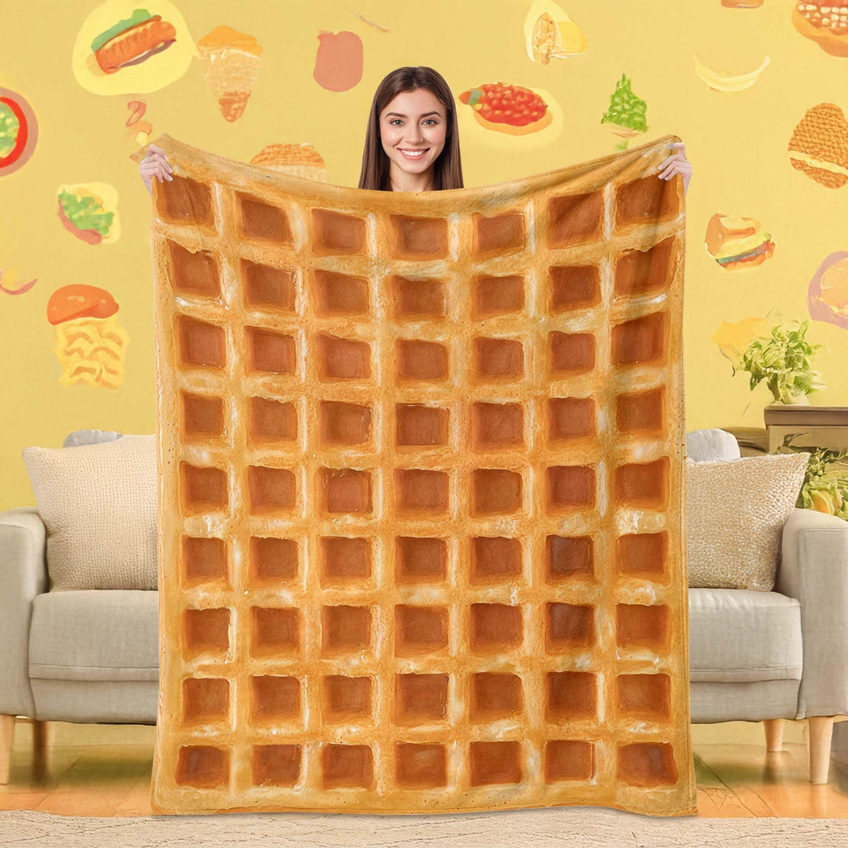 Lifeella Realistic Waffle Throw Blanket, Super Soft Warm Flannel Fleece Nap Food Blankets for Couch Dorm Sofa Room, Funny Gag Gifts for Teenage Boys and Girls, 50×60 inch