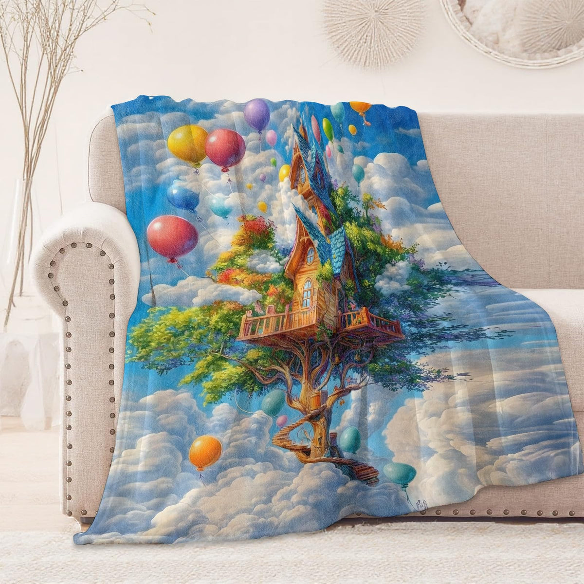 onlcuk Floating Tree House Blanket, Cozy Flannel Cloud & Balloon Throw Blanket, Soft Fuzzy Blankets for Travel Home Decor, All Season Lightweight Couch Bed Cover, Gifts for Women Adults Kids 50"×60"