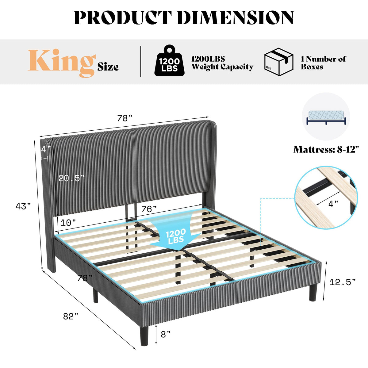 AMERLIFE King Bed Frame, Upholstered Platform Bed with Corduroy Headboard, Easy Assembly Modern Grey Bed Frame with Wooden Slats Support, No Box Spring Needed