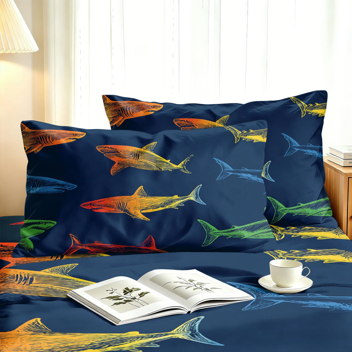 Shark Bedding Set 3 Pcs Marine Life Twin Sheets, Navy Blue