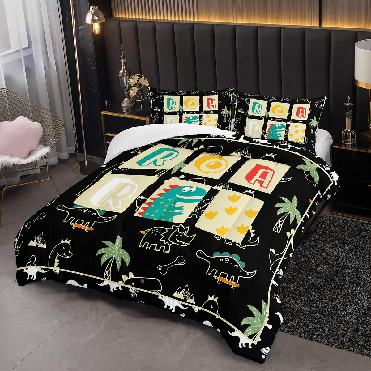 lneffble Kids Dinosaur Comforter Set Full Size for Boys，Black Full Size Dinosaur Bedding Sets for Boys with 1 Comforter with 2 Pillow Case