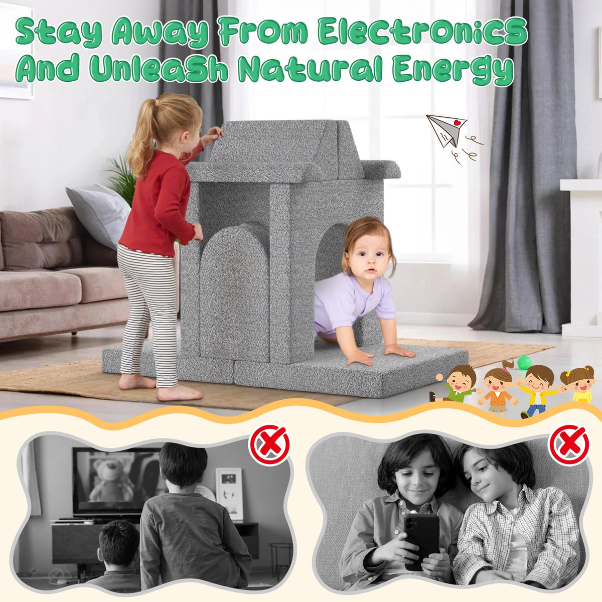 GoFujuco Modular Kids Play Couch with Washable Covers – Foam Toddler Sofa for Creative Play, Climbing, and Lounging – Convertible Kid Sofa Play Furniture for Kids Room or Nursery (Grey)