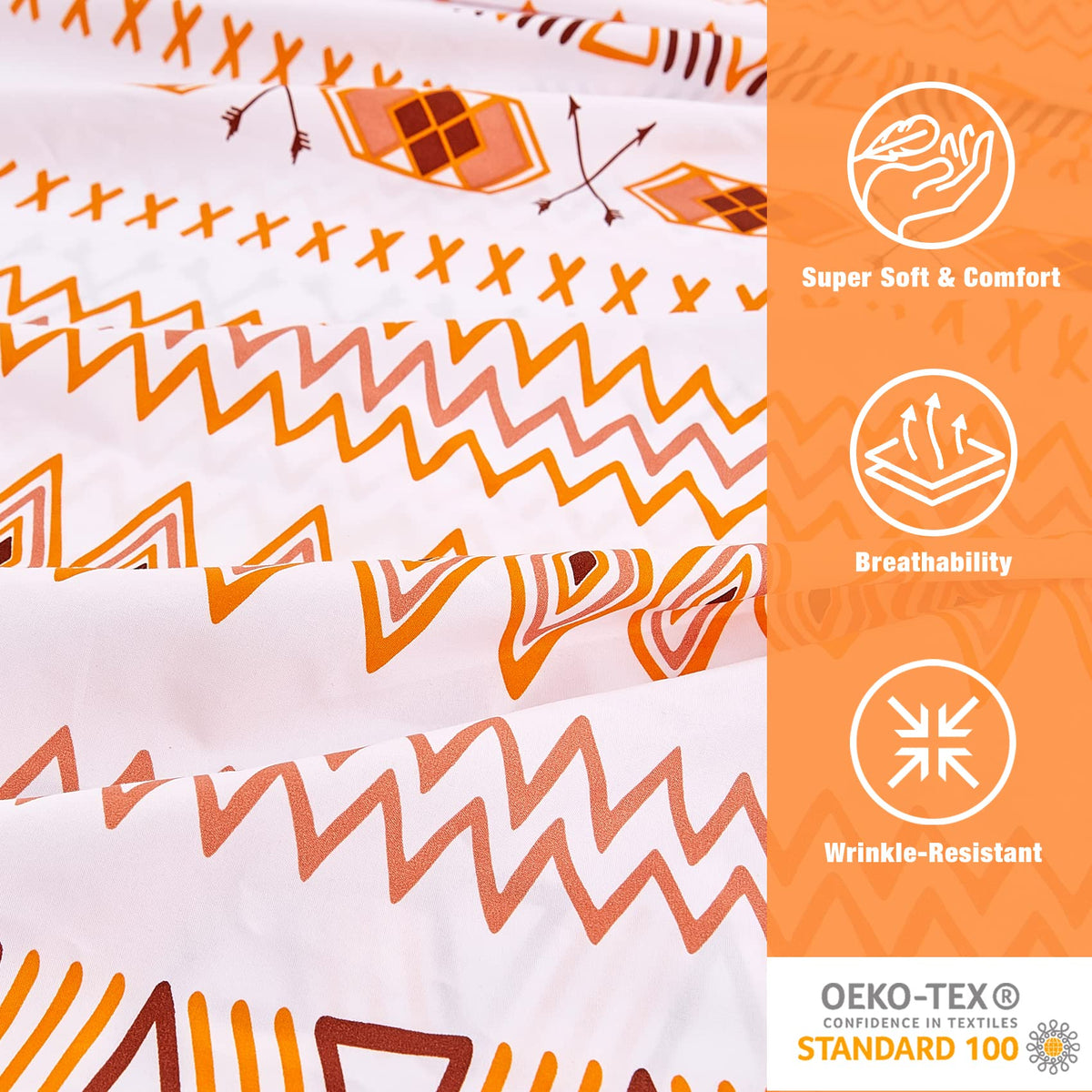 JSD Geometric Printed Sheet Set King, 4 Piece Soft Orange Pattern Microfiber Sheets Extra Deep Pocket