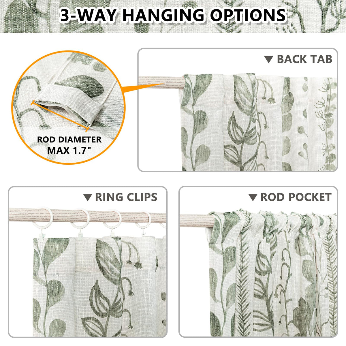MEETSKY Sage Green Curtains 84 Inches Long 2 Panels Boho Curtains for Living Room Light Filtering Patterned Drapes for Bedroom Linen Style Back Tab Leaf Print Window Treatment, 50” Wide Each Panel