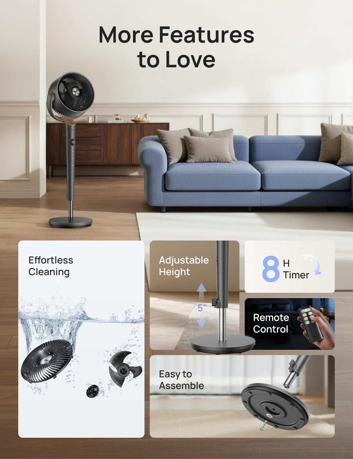 DREO Fan for Bedroom, 120° Oscillating Standing Fans, Quiet Floor Fan with DC Motor, 100ft Pedestal Fans for Room, 9 Speeds, 4 modes, 20dB, 120° Manual Vertical, 37-42" Adjustable Height, 9H Timer