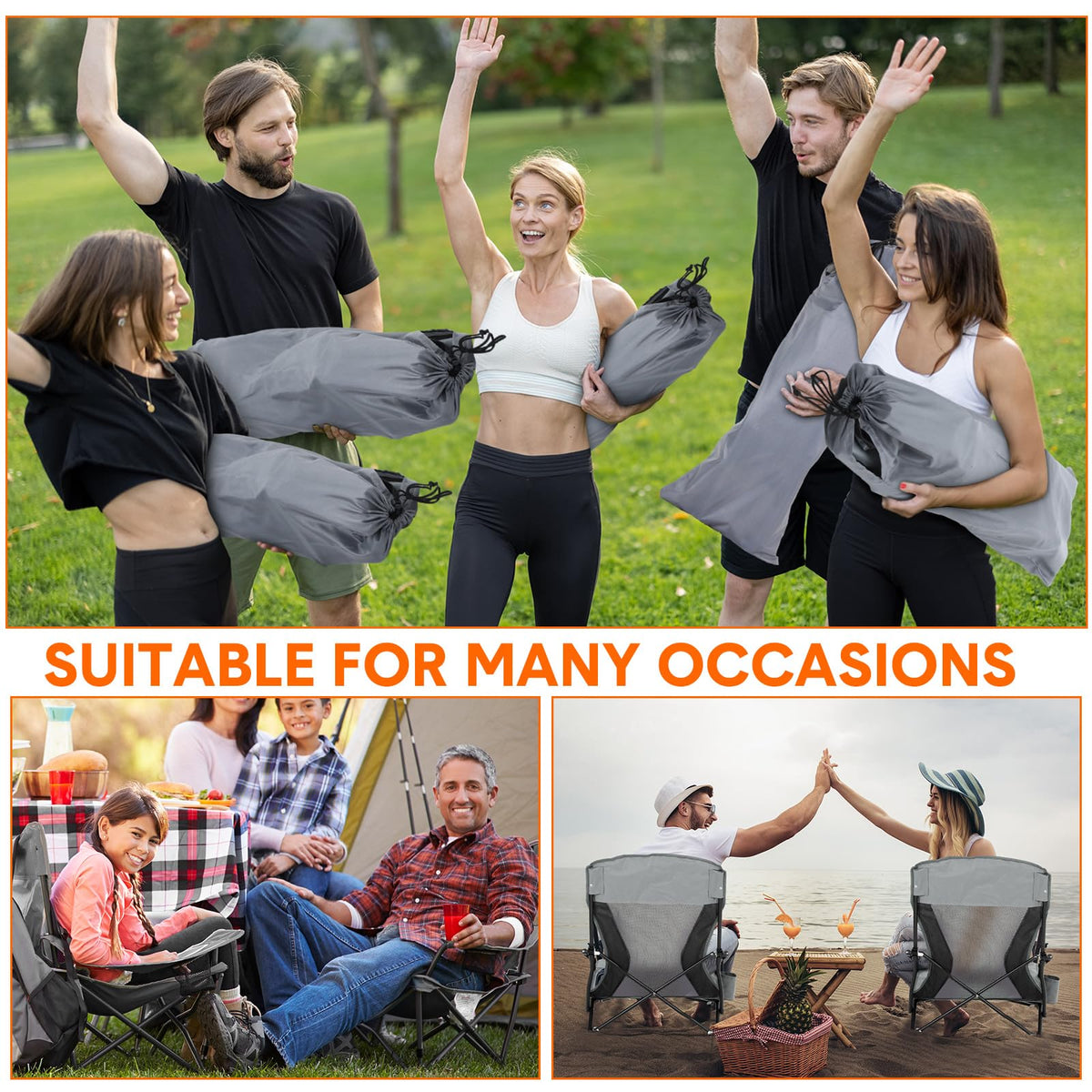 Menkxi 6 Pack Low Beach Chairs for Adults, Portable Folding Sand Chairs with Cup Holder and Carry Bag, Lightweight High Back Camping Chair for Beach Trips, Concerts, BBQ, Lawn, Outdoor (Dark Grey)