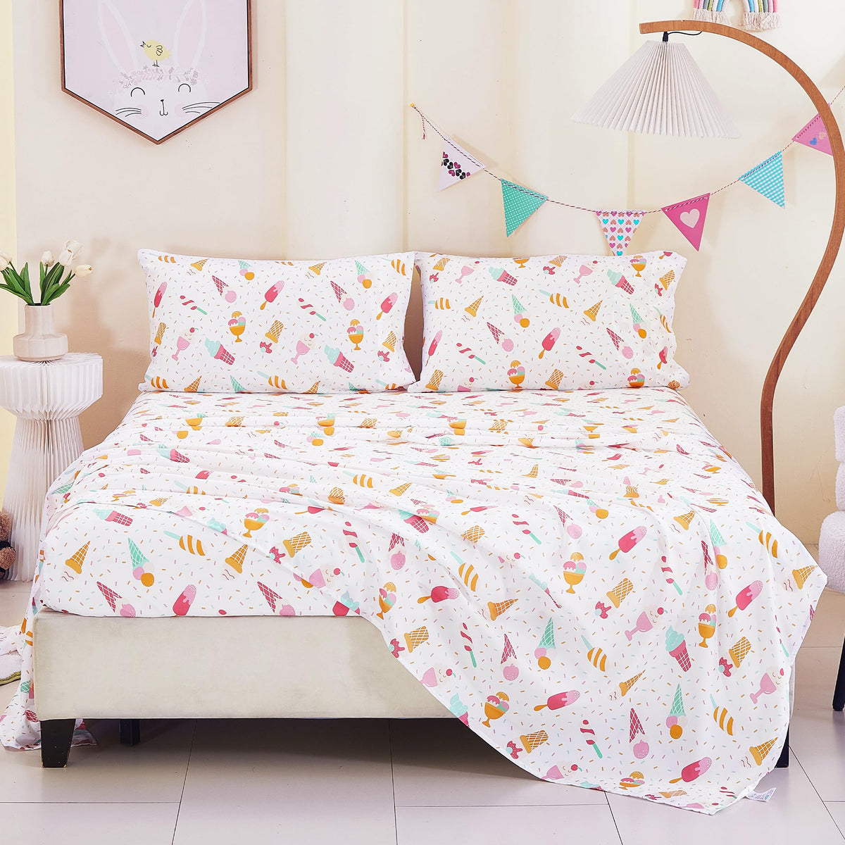 CozySmile Twin Sheet Set Kids,3 Pieces Breathable Soft Microfiber Bedsheets for Child Girls, Oeko-TEX, Anti Pilling Deep Pockets Easy Care Bed Sheets, Ice crea