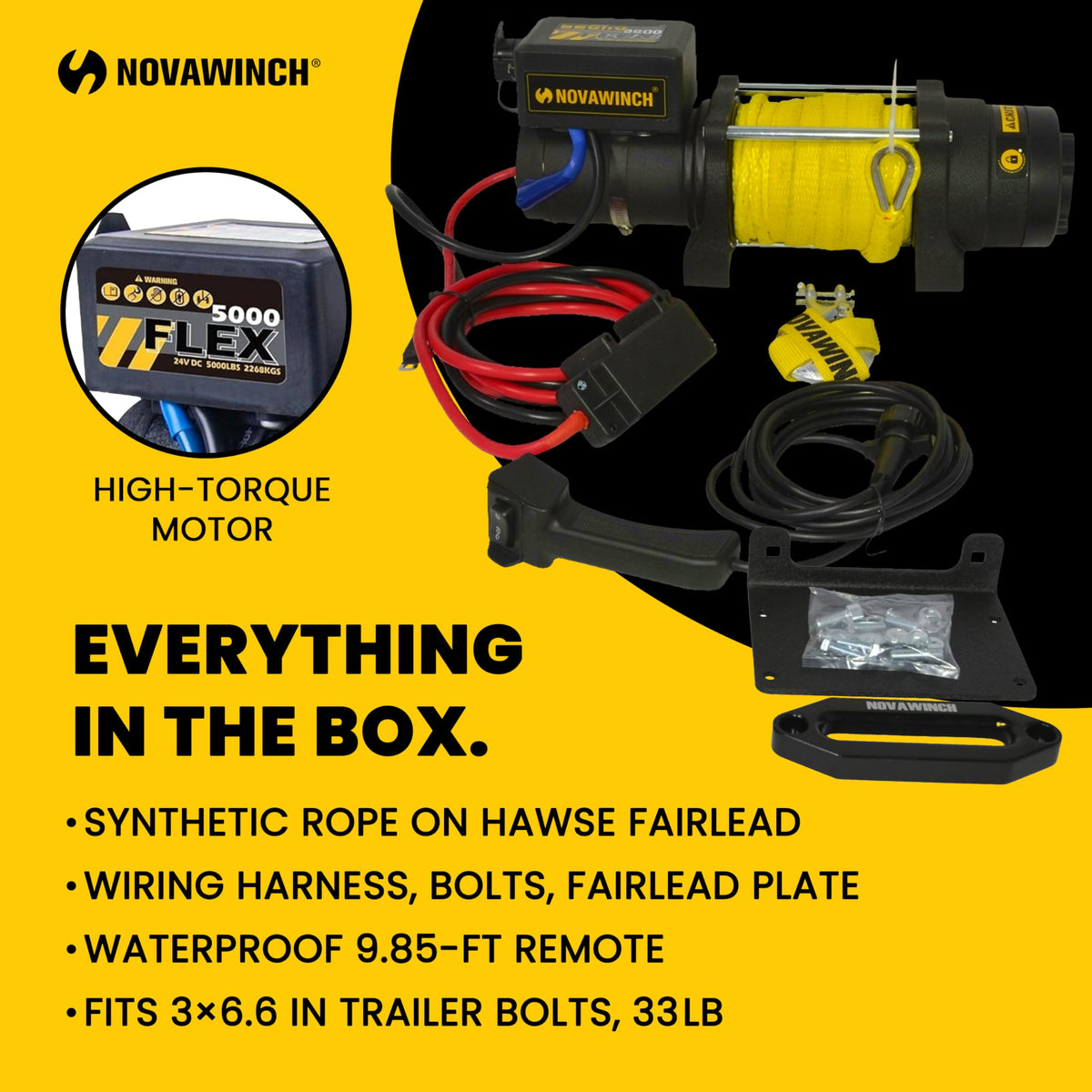 Novawinch Flex 5000 lb Trailer Winch 12V Electric - Synthetic Rope, IP68 Sealed Planetary Gearbox, Hawse Fairlead, Auto-Lock Brake, Waterproof Remote - Flatbed, Boat Trailer, Equipment Hauler, SAE