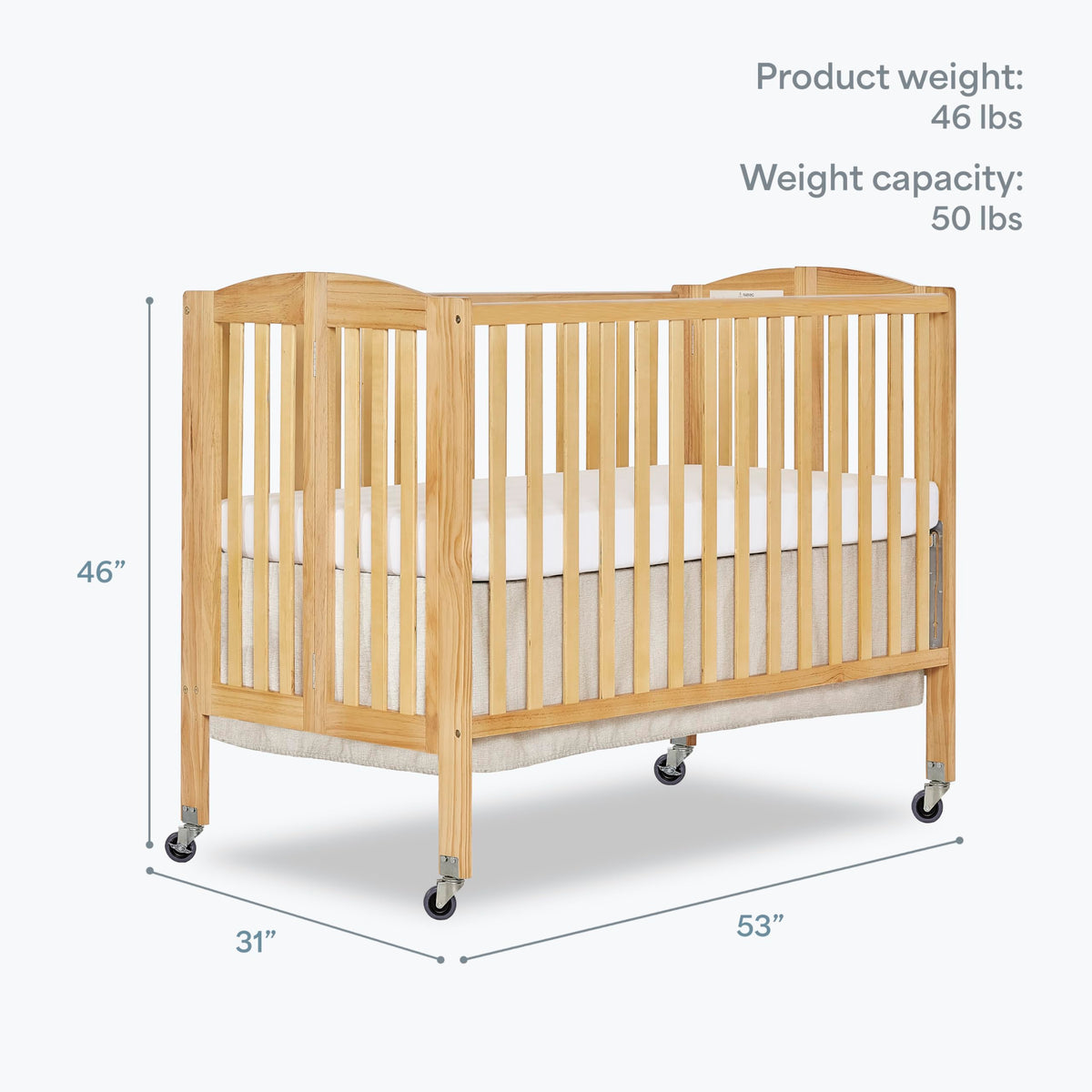 Dream On Me Folding Full Size Convenience Baby Crib with Durable Metal Wheels, Portable Space-Saving Design, 2 Adjustable Heights, Easy Fold Flat Storage, GREENGUARD Gold & BSA Certified, Natural