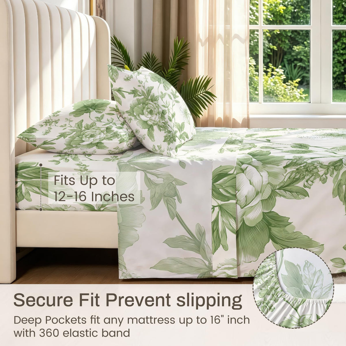 Green Floral California King Bedding Set Farmhouse Botanical Sheet Sets