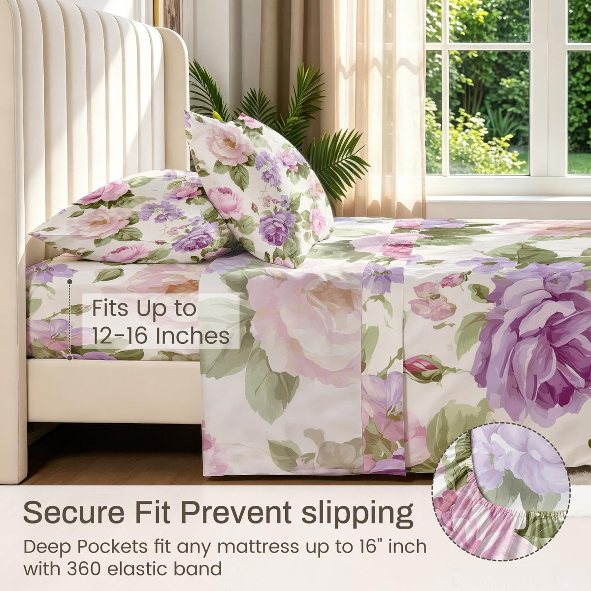 Purple Peony King Sheet Set 4 Pcs Watercolor Flowers Bed Sheets
