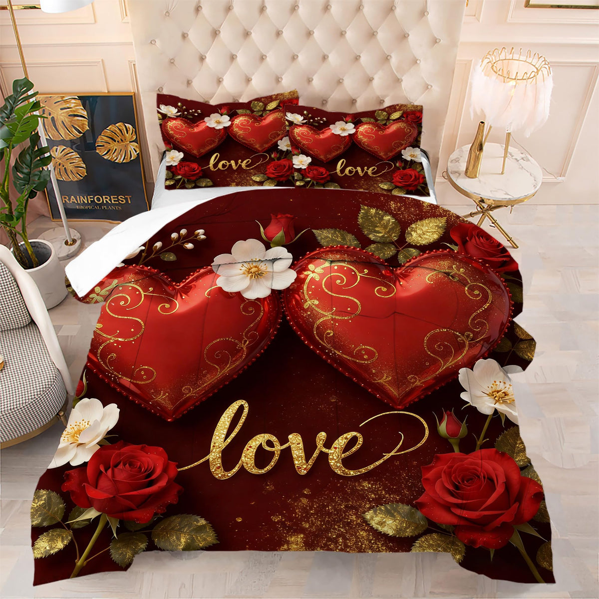 VTKON Love Heart Bedding Set Full Size 3 Piece Romantic Red Rose Comforter Set for Women Golden Glitter Love Bed Sets Valentine's Day Duvet with 1 Comforter 2 Pillow Cases