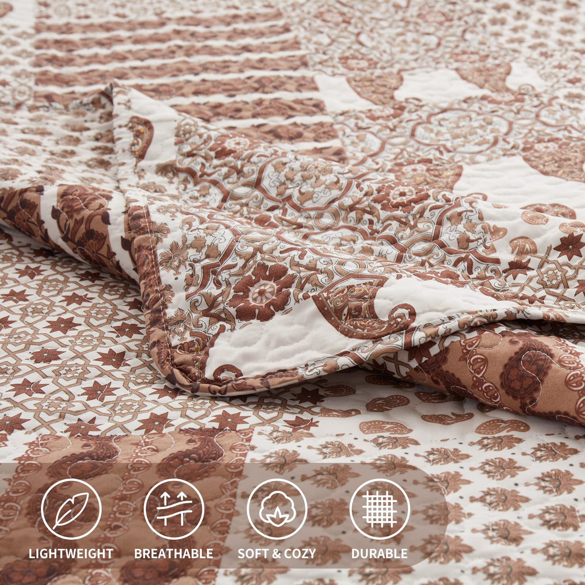 LEAONME Quilt Set - Full/Queen Size Brown Paisley Patchwork 3 Piece Bedding Set with 2 Pillow Shams