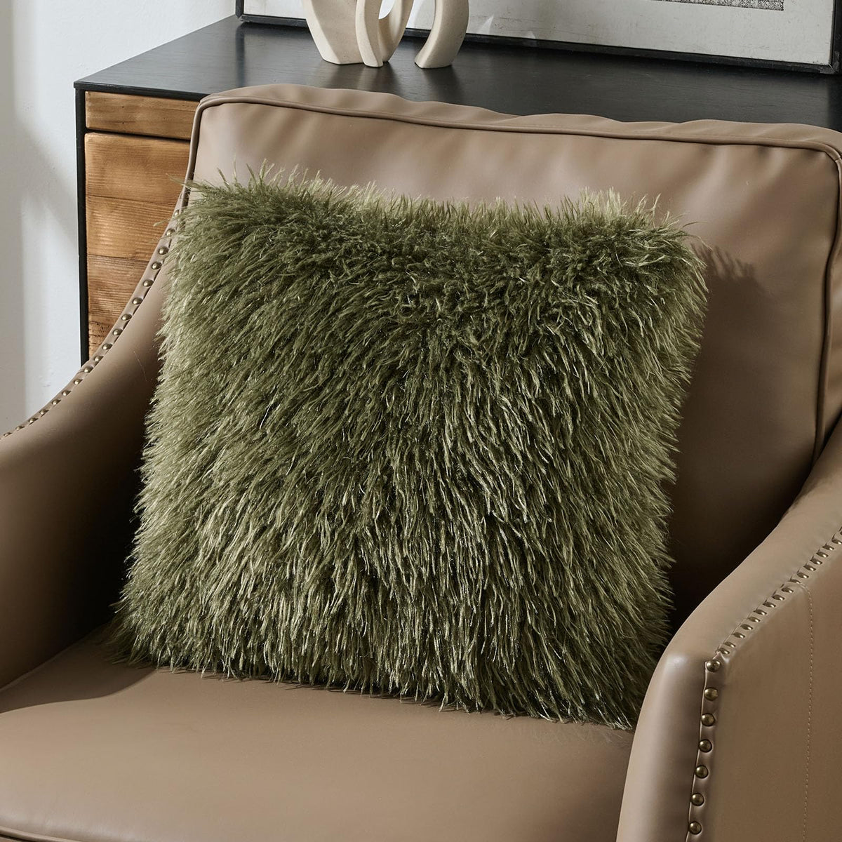 FUTEI Pack of 2 Shaggy Mongolian Faux Wool Throw Pillow Covers 18x18 Inch Soft Fluffy Farmhouse Decorative Cushion Case for Couch Bed Living Room, Olive Green