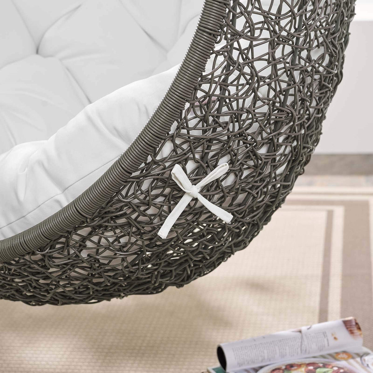 Modway Hide Wicker Rattan Outdoor Patio Porch Lounge Egg Swing Chair Set with Stand in Gray White
