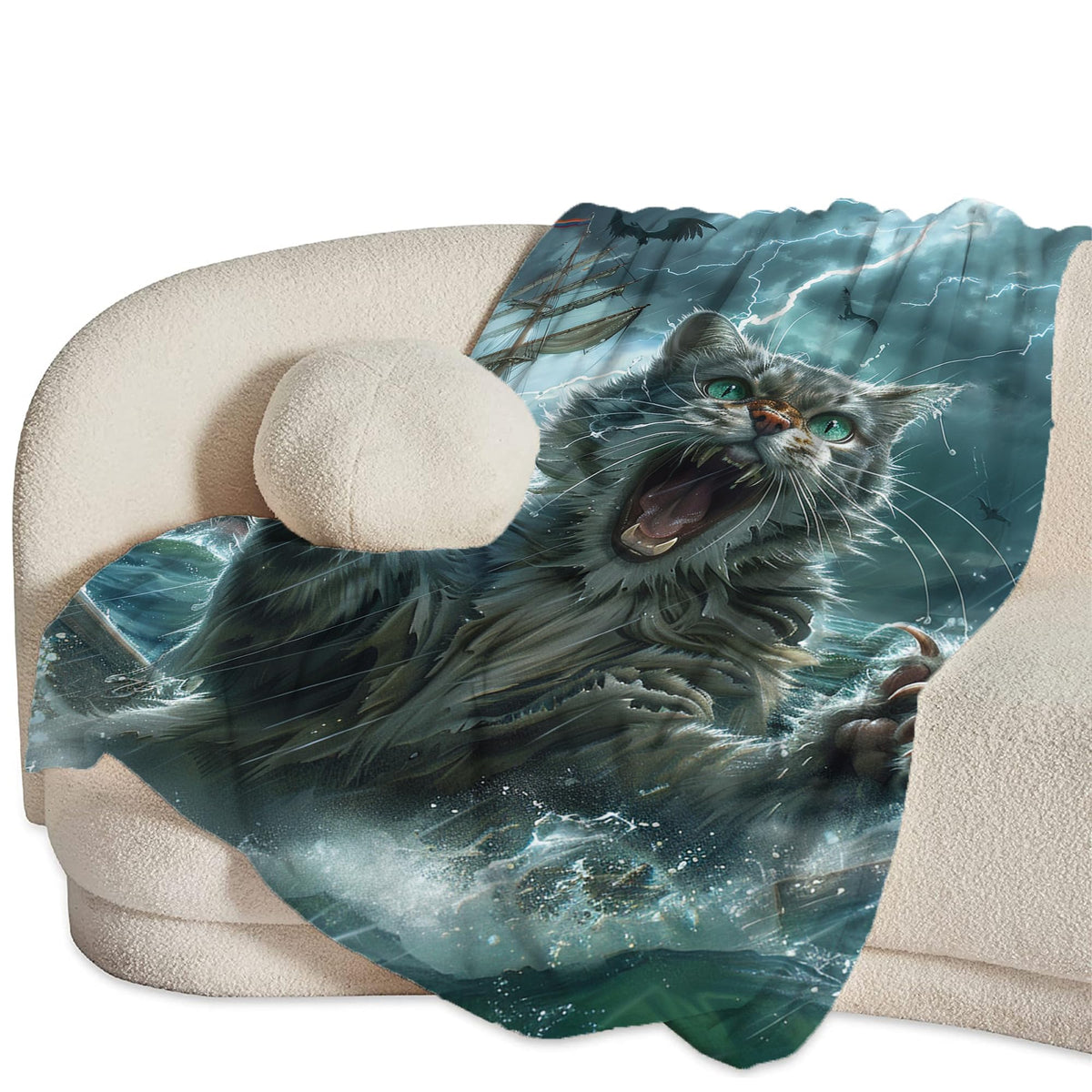 Funny Cat Blanket Nautical Boat Throw Blanket Ocean Gifts and Decor Cat Blanket for Girls Boys Women Men Kids Adults Soft Warm Cozy Fleece Blanket for Couch Sofa Bed 50"x40"