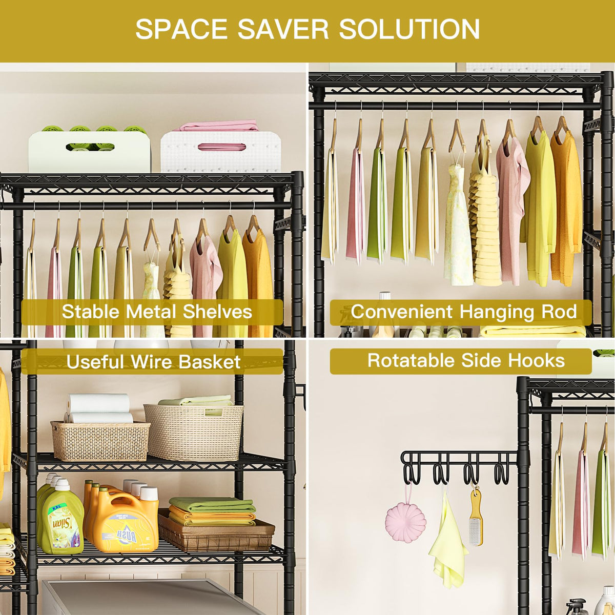 Ulif U5 Over the Washer and Dryer Storage Shelf, Laundry Room Space Saver Bathroom Storage and Organizer Rack for Hanging Towels and Drying Clothes with 5 Wire Shelves, 58.2"W x 13.4"D x 77.5"H, Black