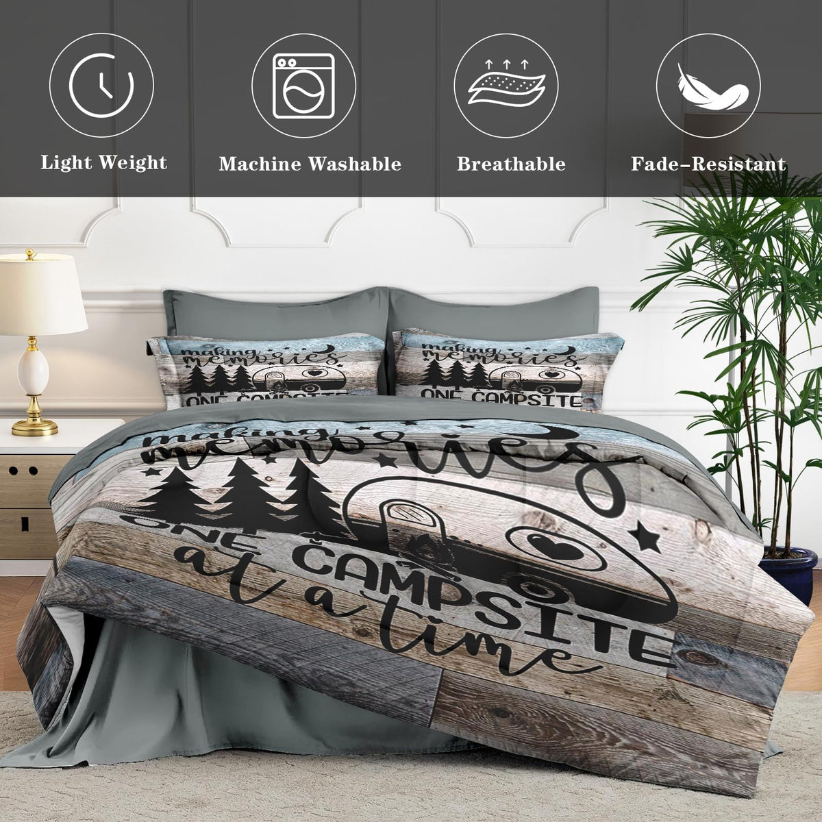 WeCozy 7 Pcs Queen Size Comforter Set with 2 Pillowcases & 2 Shams, Retro Wood Camp Camper Bedding Set for Kids and Adults, Inspirational Motivational Bed in a Bag with Flat Sheet and Fitted Sheet