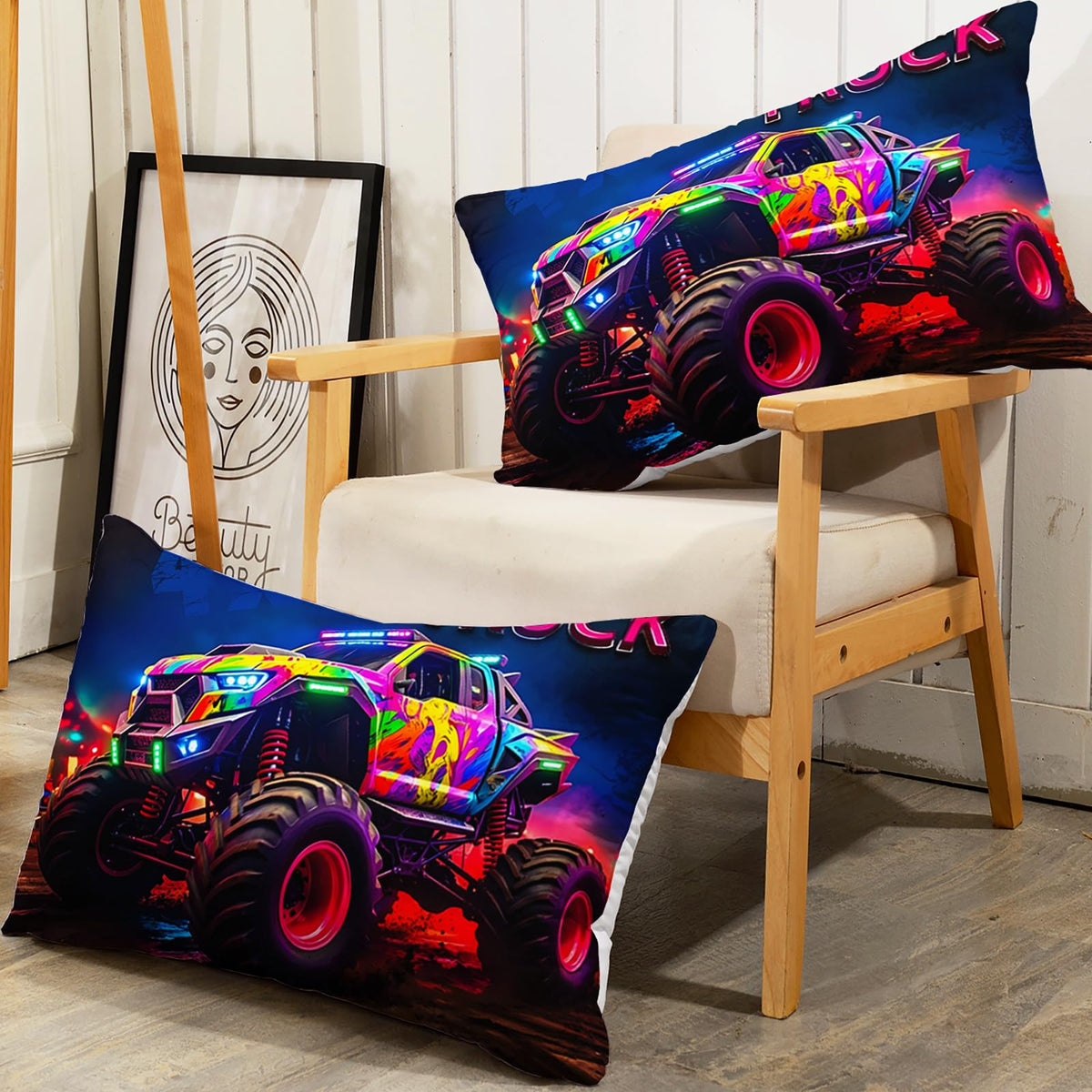 AILONEN Monster Truck Fitted Sheet Set Twin Size, Cartoon Car Bedding Set for Kids,Teens,Adults,3D Print Giant Pickup Truck Bedsheets Set for All Season,3-Pieces,1 Sheet Set with 2 Pillowcases,Soft