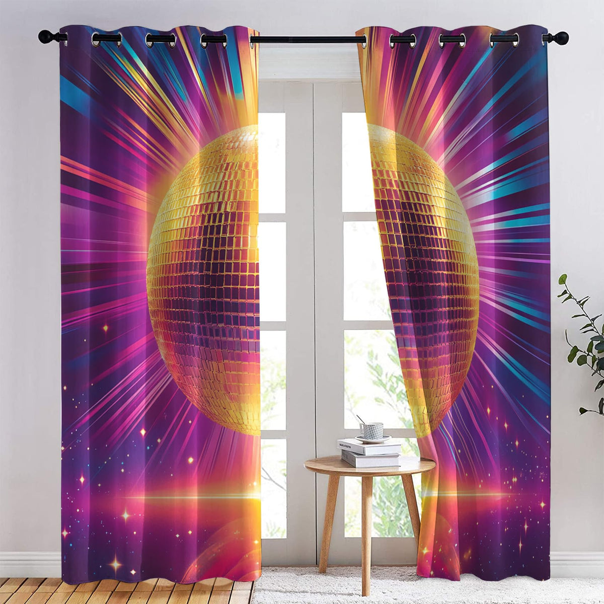 Phtbz Gold Disco Ball Patterned Blackout Curtains for Bedroom, Living Room Decor, Room Darkening Thermal Insulated Grommet Drapes, Retro Dance Party Window Treatments, 45 Inch Curtains 2 Panel Set