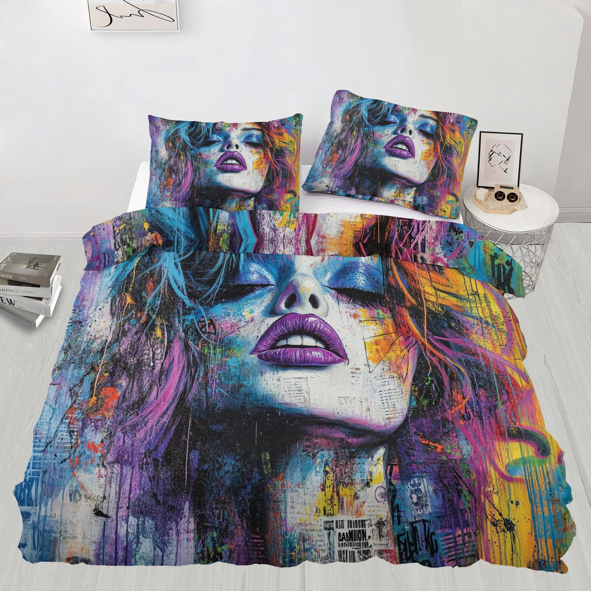 PAISUOQ Graffiti Duvet Cover Queen, Fashion Woman Bedding Sets, Street Art Comforter Cover with 2 Pillowcases, 3 Pieces with Zipper & Ties, Dorm Decor & Gifts