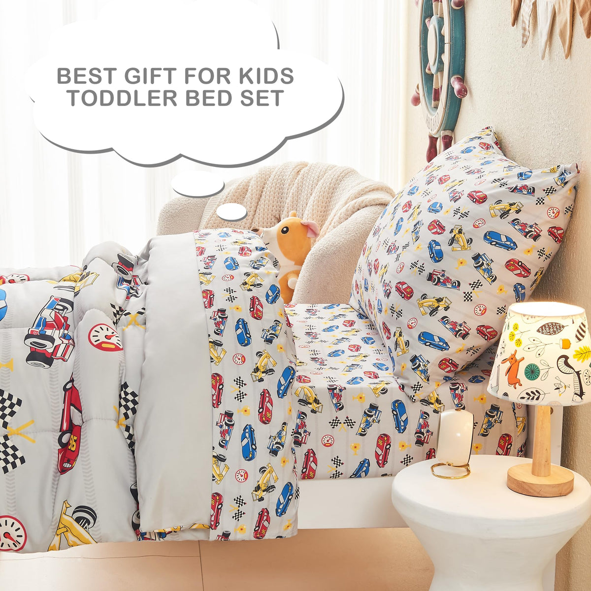 Mooreeke 4 Pieces Toddler Bedding Set - Soft Race Cars Toddler Comforter Sets for Girls, Includes Quilted Comforter, Flat Sheet, Fitted Sheet and Pillowcase, Bed in A Bag for Baby Bedroom