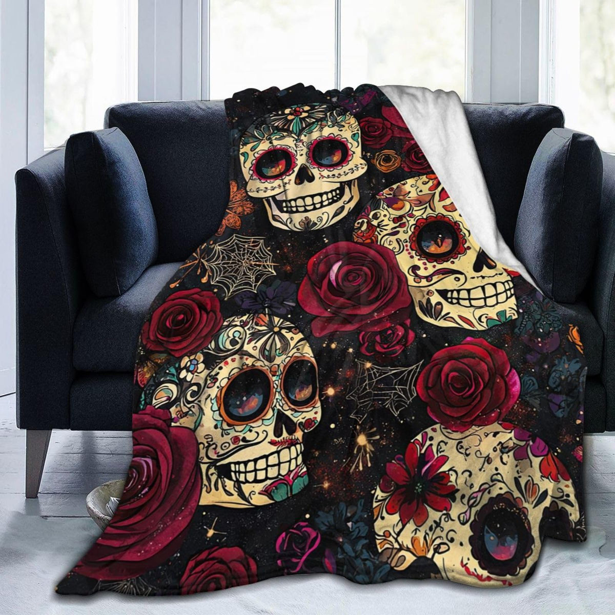 Skull Blanket Gothic Rose Flower Soft Flannel Blanket for Couch or Room Decor 60"x50"