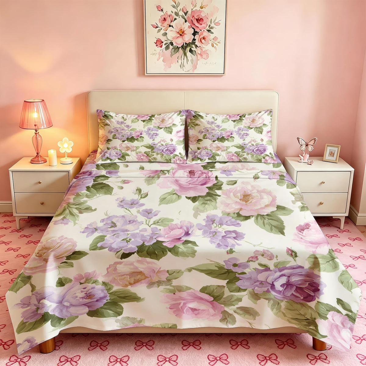 Purple Peony King Sheet Set 4 Pcs Watercolor Flowers Bed Sheets